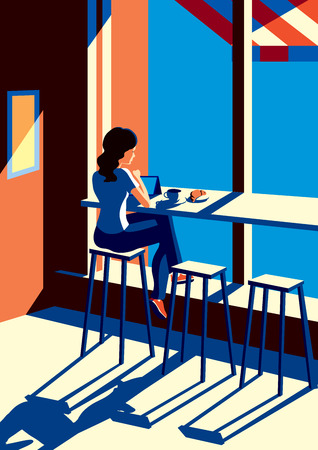 Creative conceptual vector. Woman sitting in the cafe with a cup of coffee.のイラスト素材