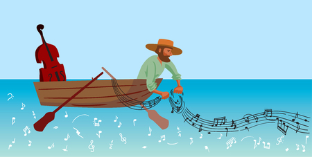 Creative conceptual vector. Man fishing in a boat.のイラスト素材