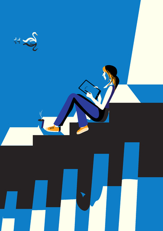 Creative conceptual vector. Woman with a cup of coffee and a tablet sitting on the stairs.のイラスト素材