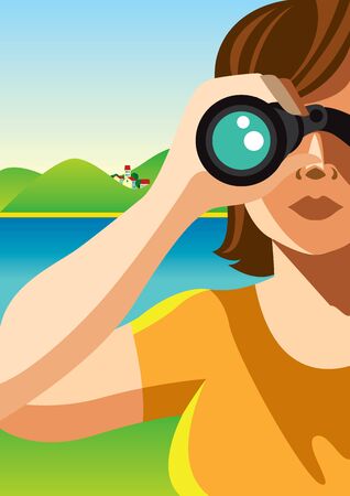 Creative conceptual vector. Woman looking through the binocular.の写真素材