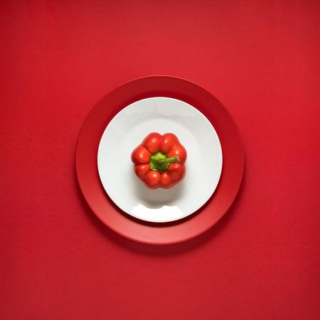 Creative concept photo of painted plates on red background.の写真素材