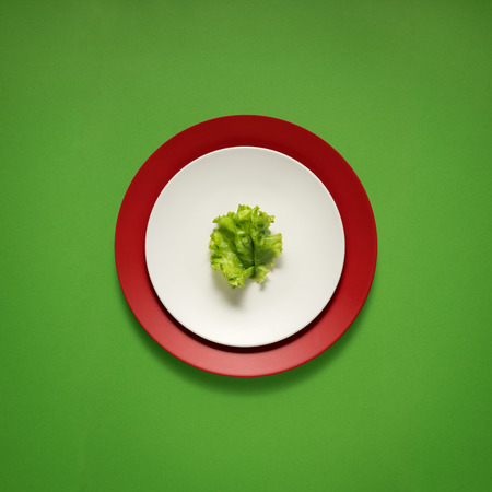 Creative concept photo of kitchenware, painted plate with food on it on green background.