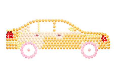 Creative medicine and healthcare concept made of pills in the shape of a car on white background.の写真素材