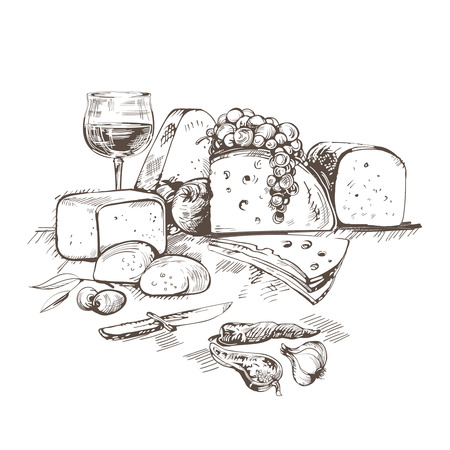 Creative conceptual vector. Sketch hand drawn cheese illustration, engraving, ink, line art, vector.のイラスト素材