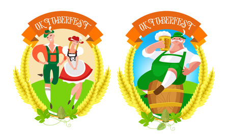 Creative conceptual vector illustration of Oktoberfest logo. Oktoberfest celebration design with man and woman dancing and beer.のイラスト素材