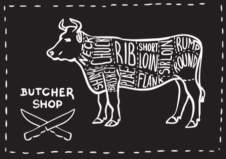 Creative conceptual vector. Sketch hand drawn meat at butchers shop recipe illustration, chalk, ink, line art, vector.のイラスト素材