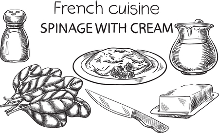 Hand drawn sketch of french food with recipe illustrationのイラスト素材