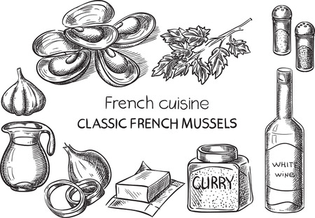 Sketch hand drawn french food recipe illustrationのイラスト素材