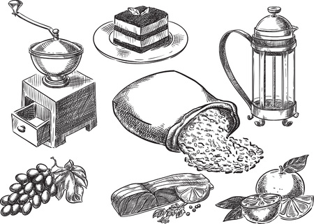 Creative conceptual vector. Sketch hand drawn food set illustration, engraving, ink, line art, vector.のイラスト素材