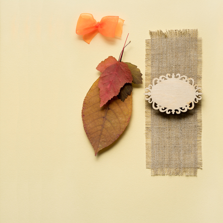 Creative thanksgiving day concept photo of leaves on yellow background.の写真素材