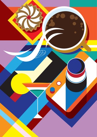 Creative conceptual still life vector. Camera coffee and cocktail.のイラスト素材