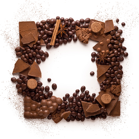 Creative concept photo of frame made of chocolate on white background.の写真素材