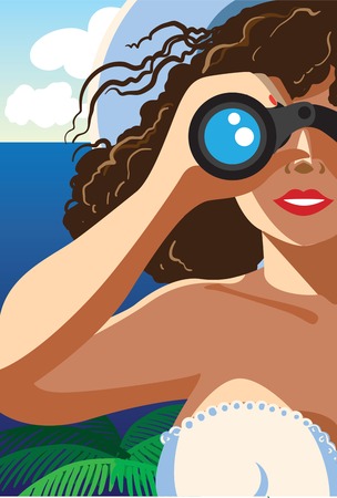 Creative conceptual vector. Woman looking through the binocular.のイラスト素材