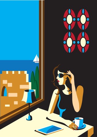 Creative conceptual vector. Woman sitting in a restaurant with a cup of coffee.のイラスト素材