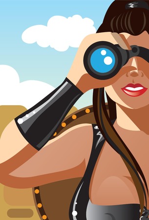 Creative conceptual vector. Woman looking through the binocular.のイラスト素材