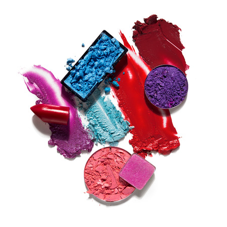 Creative concept photo of cosmetics swatches on white background.の写真素材
