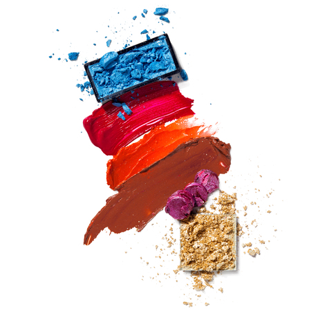 Creative concept photo of cosmetics swatches on white background.の写真素材