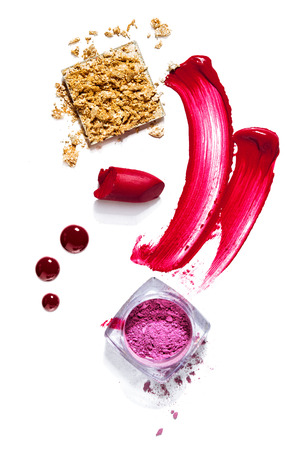 Creative concept photo of cosmetics swatches on white background.の写真素材