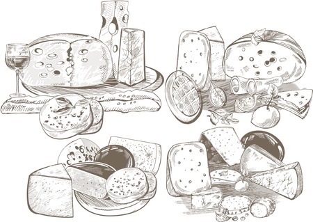 Creative conceptual vector set. Sketch hand drawn different sorts of cheese wine spices vegetables illustration, engraving, ink, line art, vector.のイラスト素材