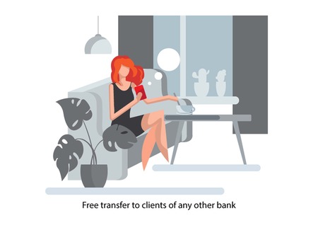 Creative conceptual business banking finance vector illustration. Woman using mobile banking app.のイラスト素材