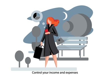 Creative conceptual business banking finance vector illustration. Woman using mobile banking app.のイラスト素材