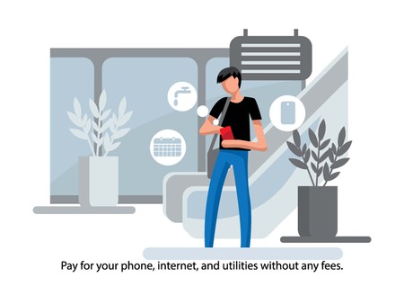 Creative conceptual business banking finance vector illustration. Man using mobile banking app.のイラスト素材