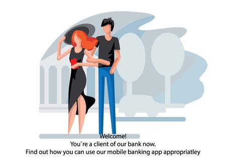 Creative conceptual business banking finance vector illustration. Man and woman standing together using mobile banking app.の写真素材