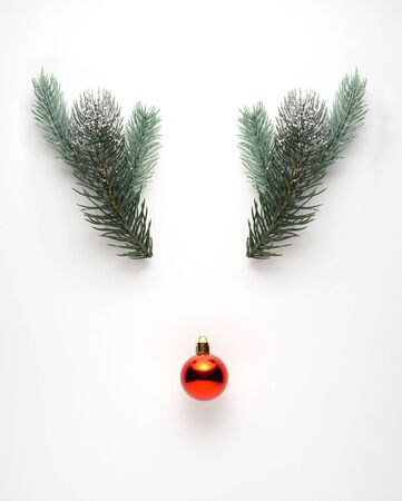Creative concept still life holiday photo of pine tree branches and Christmas toy ball in the shape of deer head on white background.の写真素材