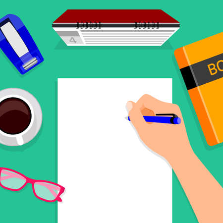 Hand with pen writing on white paper. Modern flat design of calendar, book, glasses, tape and cup of  coffee for web banners, web sites, printed materials, infographics.のイラスト素材