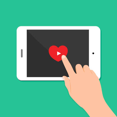 Hand touch screen with video player icon  isolated on green background.のイラスト素材