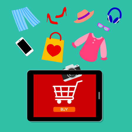 On line shopping with tablet. Set of flat design concept icons for web and mobile phone services and apps. Icons for mobile marketing and on line shopping. Illustrationのイラスト素材