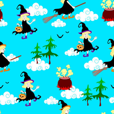Halloween witches  seamless pattern, jack-o-lantern, witch and bats.のイラスト素材