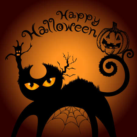Halloween night background with black cat and pumpkin. illustrationのイラスト素材
