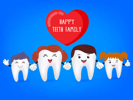 Family tooth hand in hand. Happy cartoon tooth family, great for health dental care concept. illustration isolated on blue background.のイラスト素材