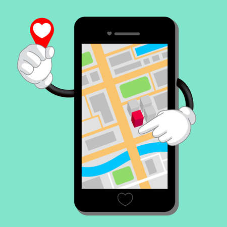 Mobile phone character holding map marker and pointing on map. GPS navigation on mobile phone, vector illustration isolated on green background.のイラスト素材