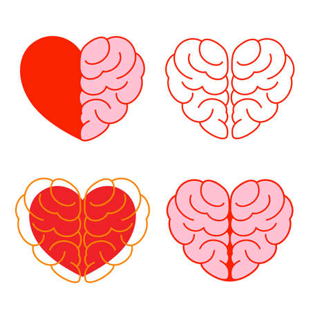 Set of brain and heart. Brain in heart shape.
