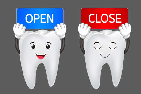 Happy cartoon tooth and dentist take close and open billboard. Illustrationのイラスト素材