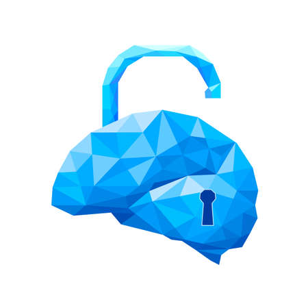 Unlock  brain conceptual illustration. Padlock brain shaped, polygonal style. Isolated on white background.のイラスト素材