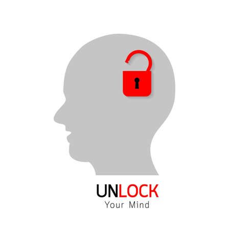 open mind, unlocked your mind concept. Illustration of human head, isolated on white background.のイラスト素材