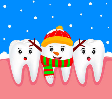 Christmas teeth character concept.  Tooth on snowman costume. Illustrationのイラスト素材