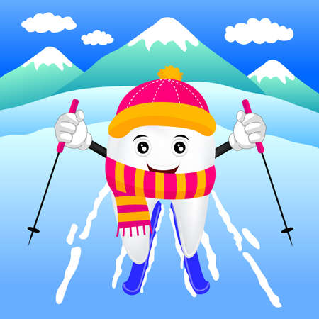 Cartoon tooth character poses standing on skis. Funny dental care concept, illustration.のイラスト素材