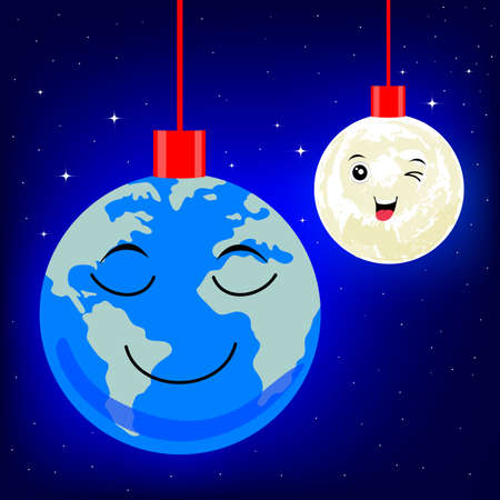 Christmas balls shaped as globe and moon. cute Christmas ornaments illustration.のイラスト素材