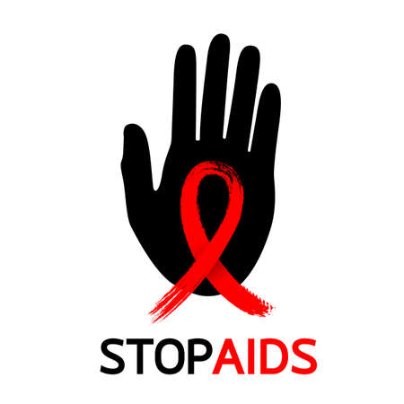 Stop AIDS sign with black hand and red ribbon. Illustration isolated on white background.のイラスト素材