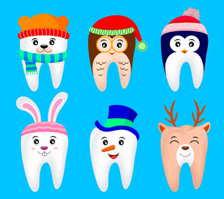Cute Christmas teeth characters. polar bear, penguin, Owl, deer, snow man, bunny. illustration isolated on blue background.のイラスト素材