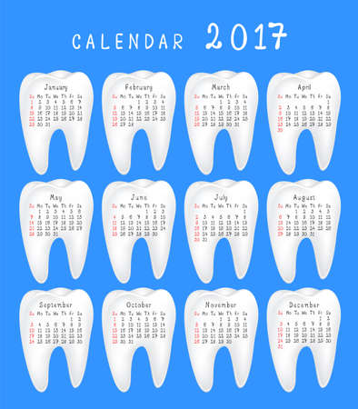Dental calendar 2017. New year planner with cute cartoon white tooth note. Illustrationのイラスト素材