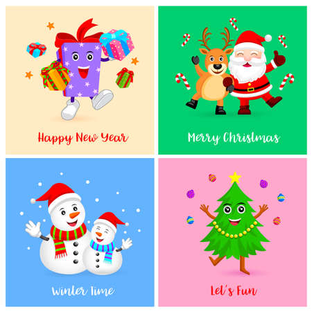 Cute Christmas characters. Cartoon Santa claus with deer, snowman, xmas tree and gift box . illustration isolated on background.のイラスト素材