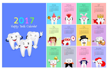 Wall dental calendar 2017. New year planner. Funny cartoon teeth and oral hygiene concept. Toothcare Illustration. Week starts Sunday.のイラスト素材