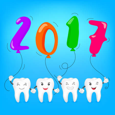 Cartoon tooth holding balloons. Happy New Year concept.  illustration for celebration.のイラスト素材