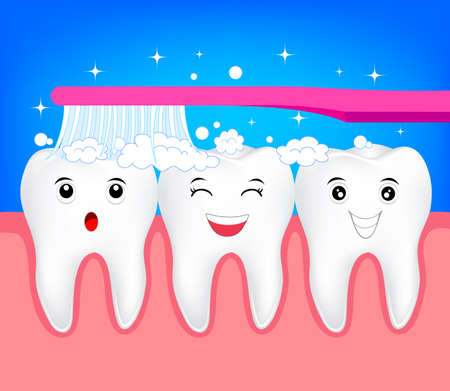Happy cute cartoon tooth with toothbrush. Illustration for dental healthy care concept.のイラスト素材