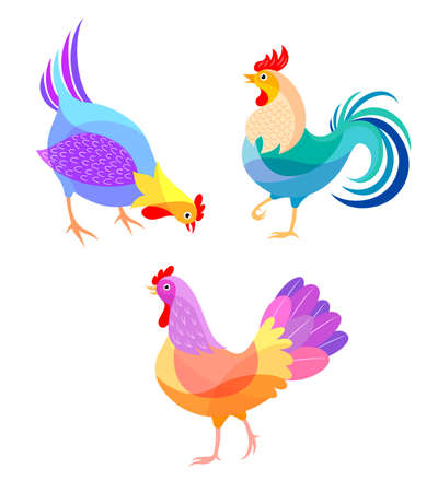 Stylized Chickens. Roosters illustration. Chinese New Year symbol design isolated on white background.のイラスト素材